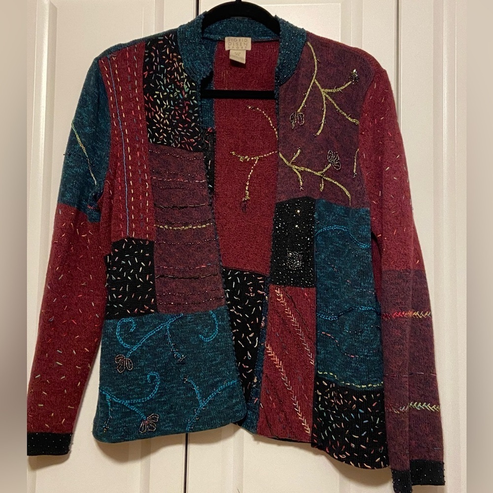 Vintage Sigrid Olsen Patchwork Embroidered Cardigan Boho Artsy Beaded Size SP